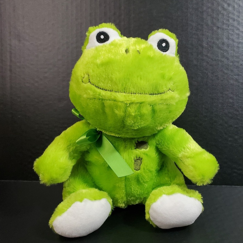 Green Frog Plush 10" Stuffed Animal With Embroidered Feet On Chest Neck Bow